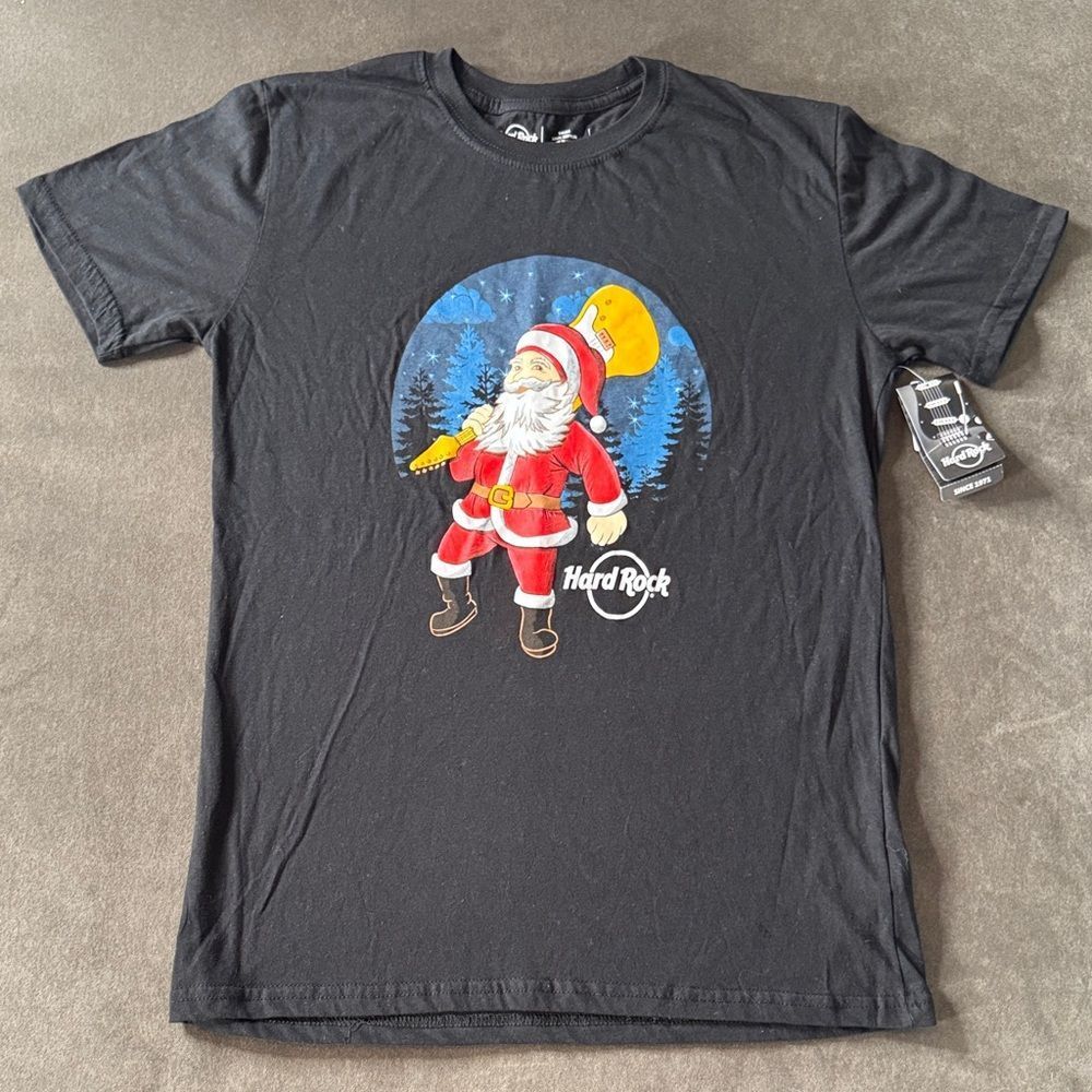 Men’s Black Hard Rock Christmas Holiday T-Shirt SMALL Santa Guitar NWT